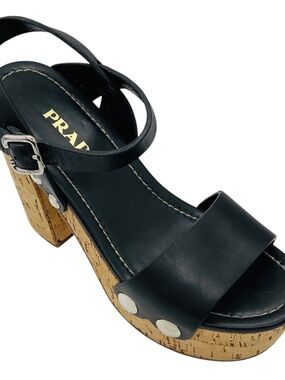 PRADA BLACK / SILVER STUD EMBELLISHED CORK HEEL PLATFORM LEATHER SANDALS